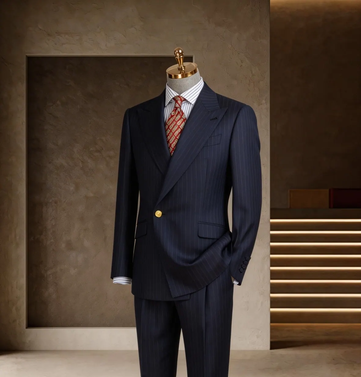 Banker 系列 第 8 张参考图:藏蓝三件套、花纹领带、经典商务,五岳洋服上海西装定制