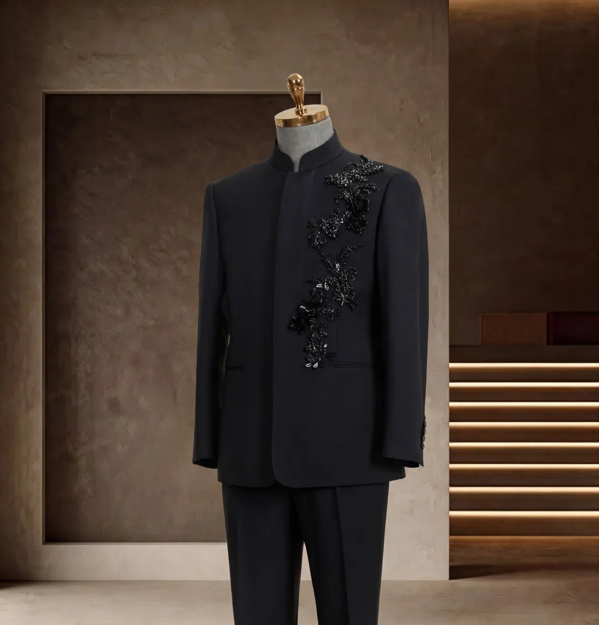 礼服系列 第 3 张参考图:黑色立领、暗纹花卉、正式礼服,五岳洋服上海西装定制