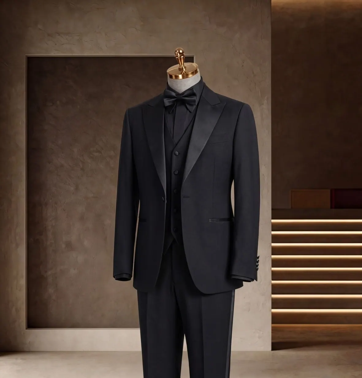 礼服系列 第 13 张参考图:深午夜蓝三件套、领结、晚宴西装,五岳洋服上海西装定制