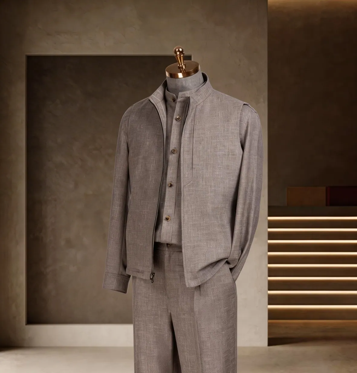 南法度假系列 第 3 张参考图:灰米休闲套装、拉链针织、旅行层次,五岳洋服上海西装定制