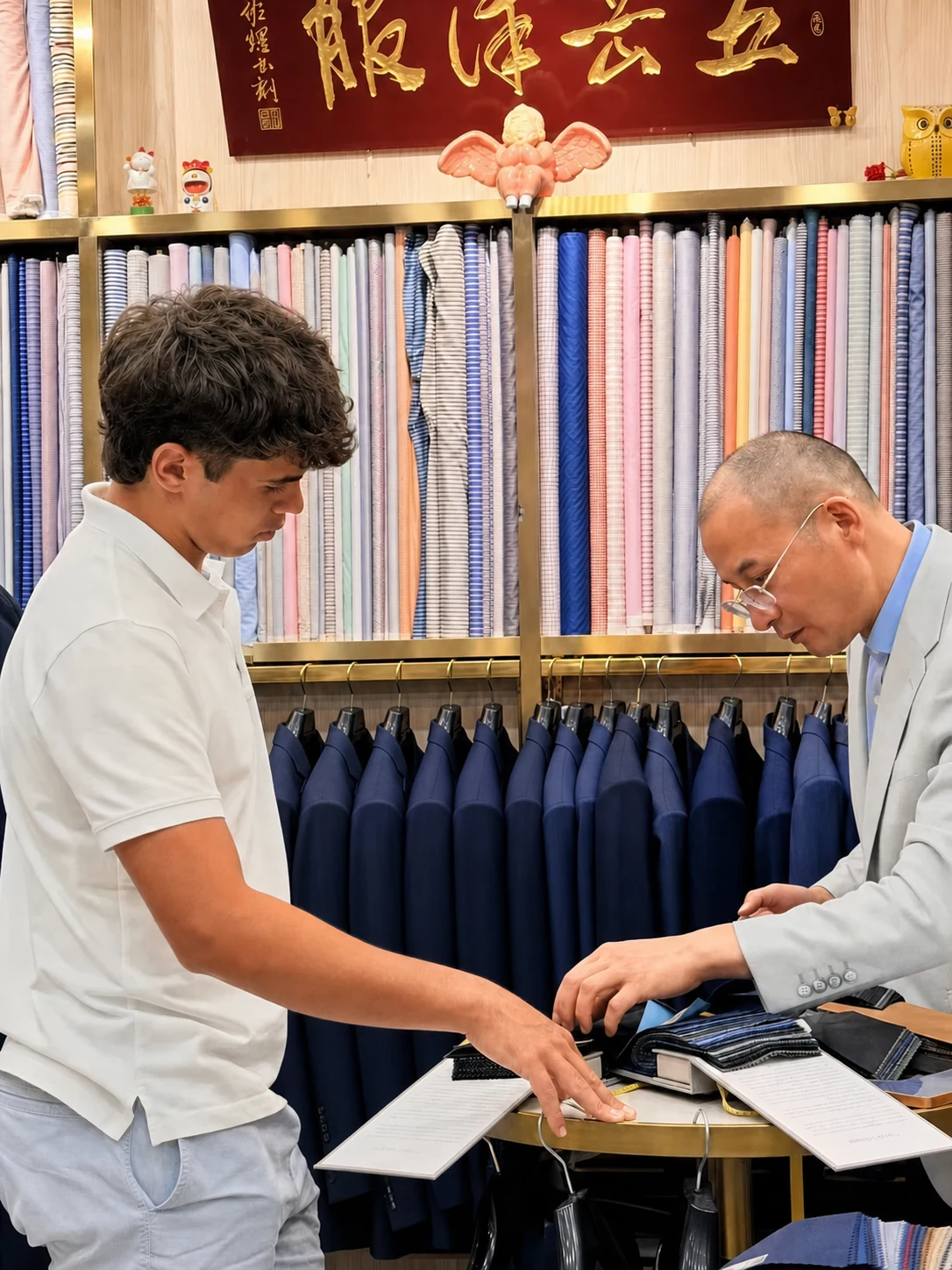 客户在五岳洋服南外滩门店查看面料并沟通西装定制需求