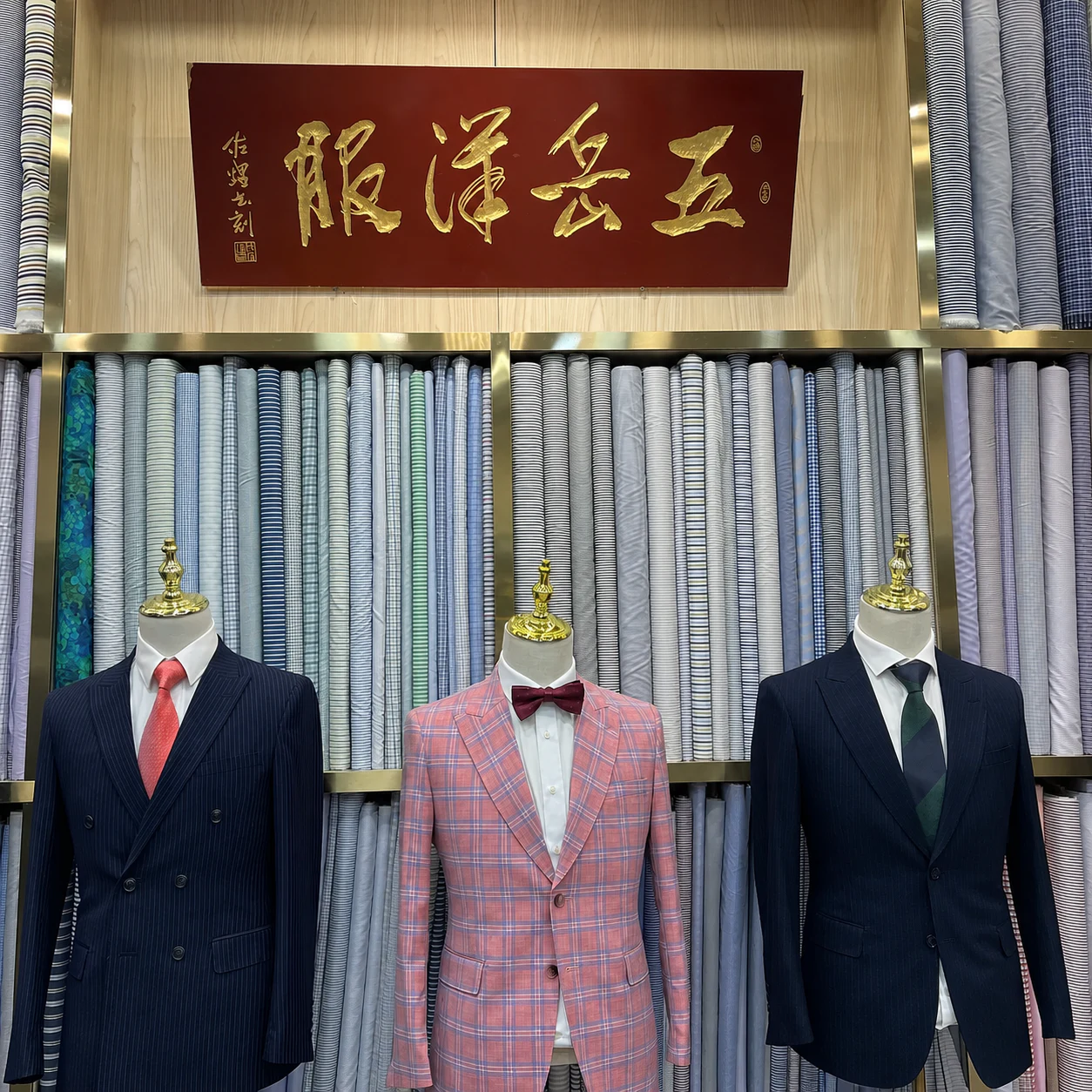 五岳洋服南外滩门店面料墙、中文招牌与定制上衣